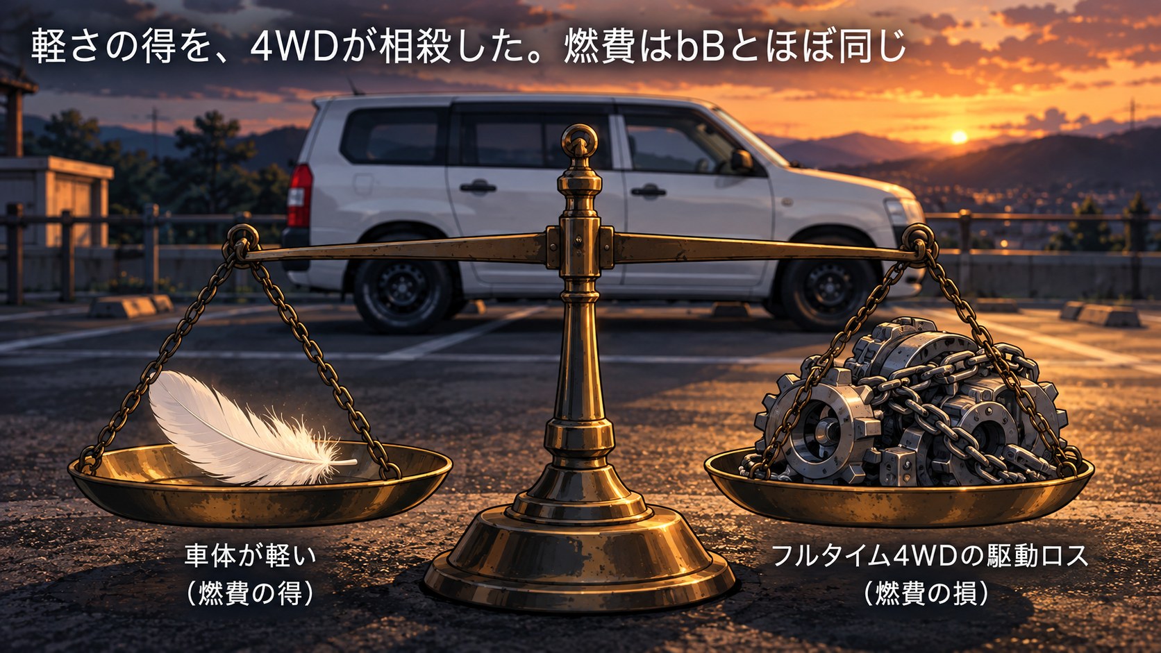 燃費を天秤にたとえた図。左の皿に「車体が軽い(燃費の得)」の白い羽根、右の皿に「フルタイム4WDの駆動ロス(燃費の損)」の歯車と鎖が載って釣り合い、奥に白いプロボックス。「軽さの得を、4WDが相殺した。燃費はbBとほぼ同じ」の文字入り