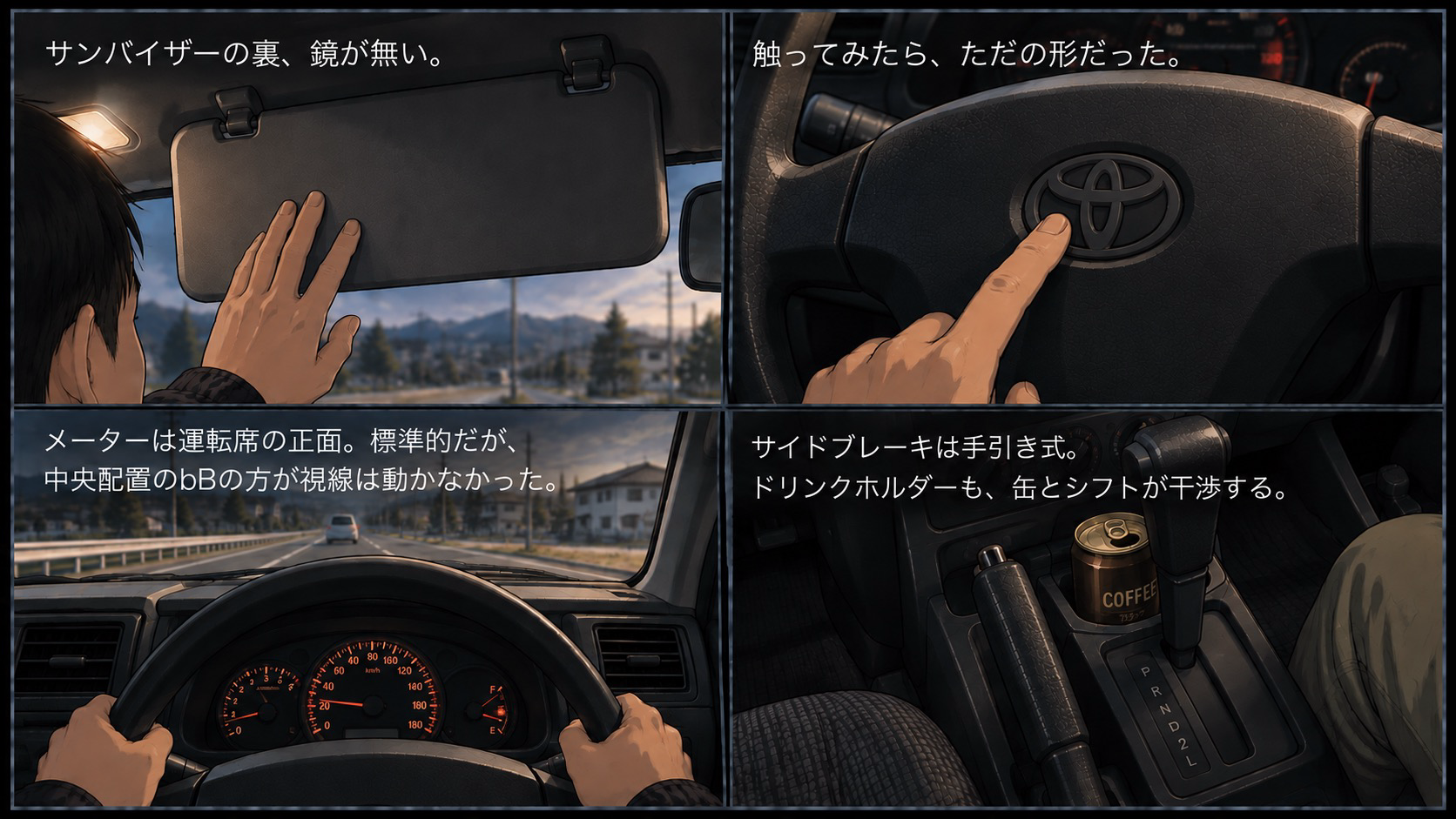 プロボックスの運転席まわりの簡素な部分4コマ。サンバイザー裏に鏡がない、ハンドル中央のTOYOTAマークが樹脂の形だけ、スピードメーターが運転席正面配置、手引き式サイドブレーキと狭いドリンクホルダー