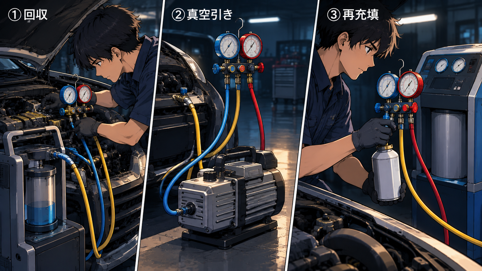 エアコンクリーニングの3工程を示すイラスト。①回収=冷媒とオイルを回収装置で抜き取る②真空引き=真空ポンプで内部の水分・空気を除去する③再充填=新しい冷媒とオイルを規定量入れ直す