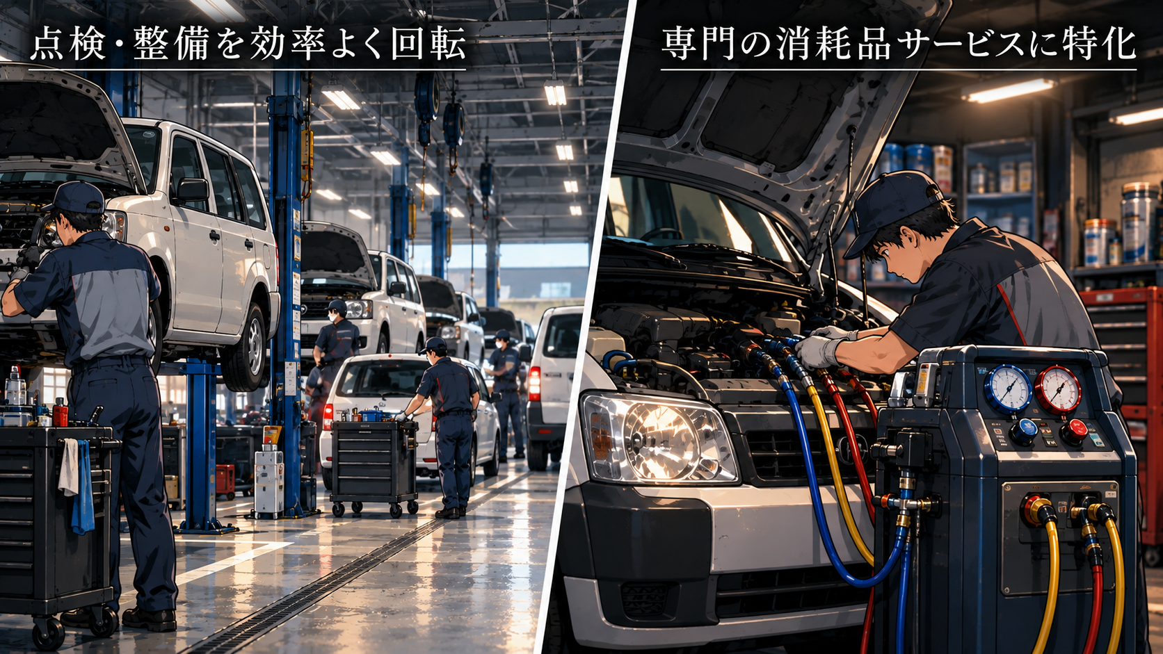 ディーラーの整備工場とカー用品店のピットを対比したイラスト。左は多くの車を効率よく点検・整備するディーラー、右は専用のガス充填装置で1台にじっくり対応するカー用品店の技術者