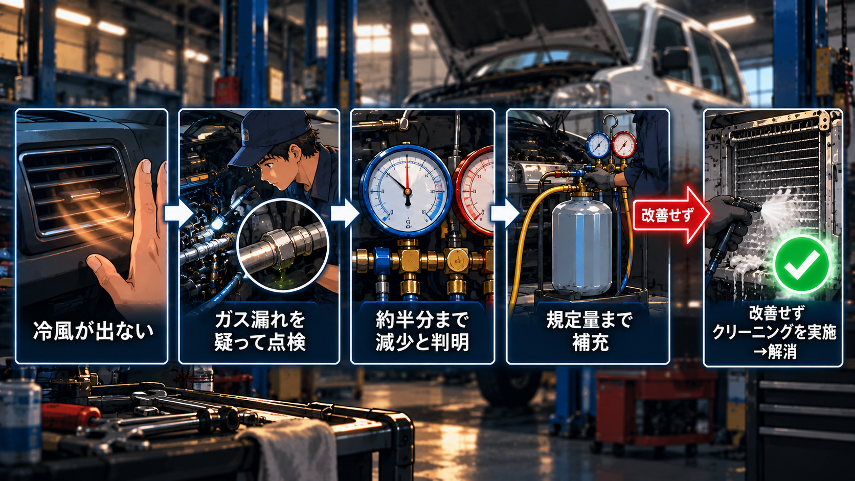 カーエアコンの故障診断の流れを示す5ステップのフローチャート。①冷風が出ない②ガス漏れを疑って点検③約半分まで減少と判明④規定量まで補充⑤改善せずクリーニングを実施→解消、という順で絞り込んだことを示す図