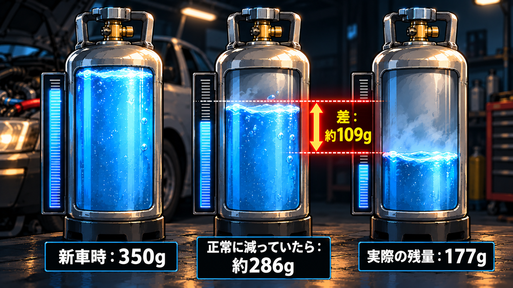冷媒ガスの量を比較したインフォグラフィック。新車時の規定量350g、正常な自然減(年5g)だけで推移していた場合に残っているはずの量約286g、実際の残量177gの3本のボンベを並べ、正常時との差が約109gであることを示している