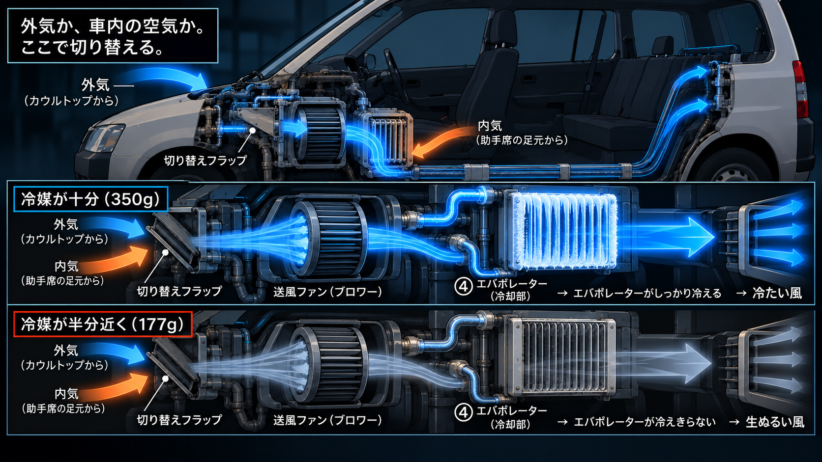 プロボックスの車体断面図。外気はカウルトップから、内気は助手席の足元から取り込まれ、切り替えフラップで選択された空気が送風ファンで押し出され、④エバポレーター(冷却部)で冷やされて車内に送られる。冷媒が十分な場合はエバポレーターがしっかり冷えて冷たい風、冷媒が半分近くに減った場合はエバポレーターが冷えきらず生ぬるい風になる比較図