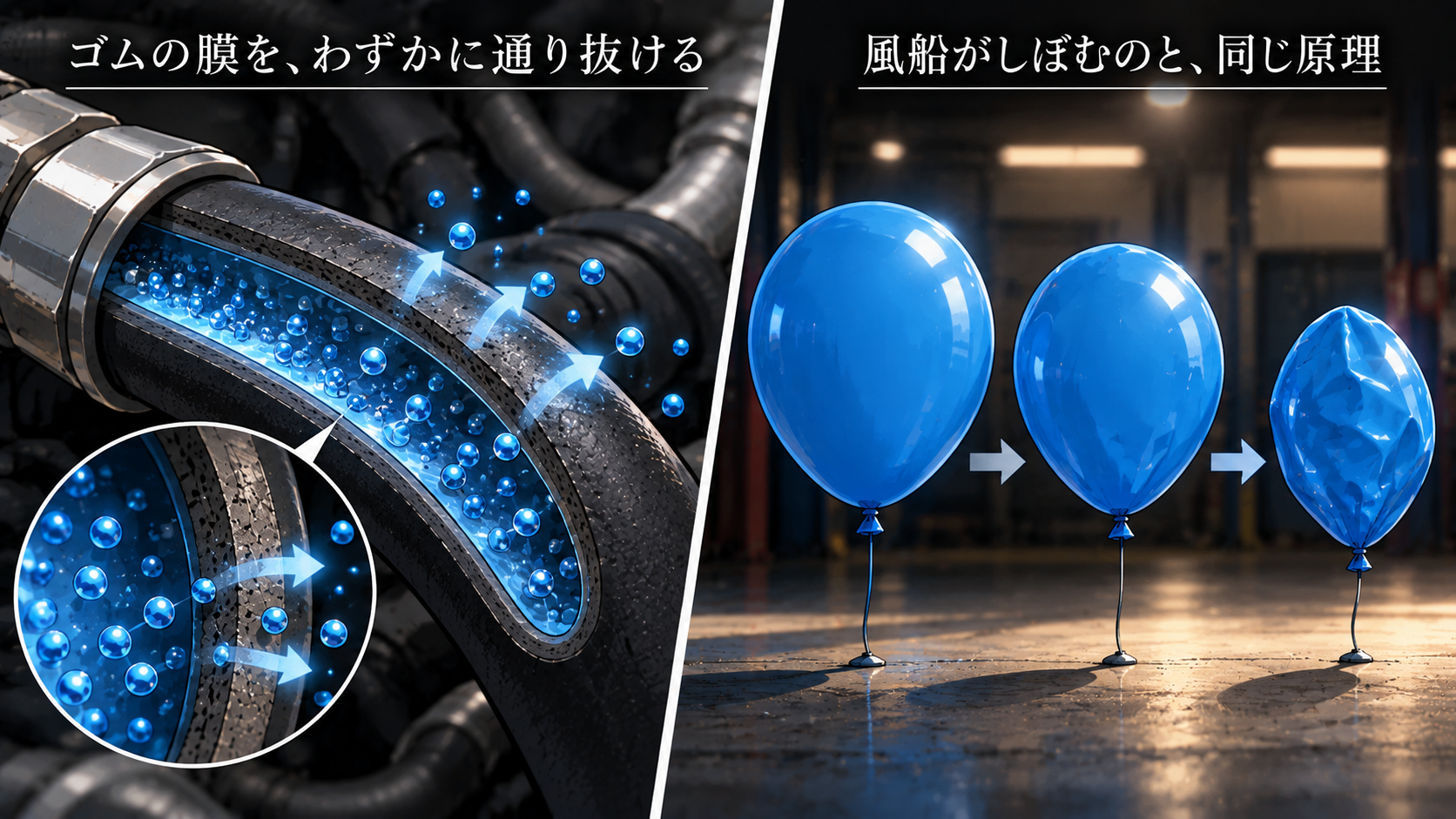 ゴム製のホース・Oリングの断面から冷媒の分子がわずかににじみ出る様子と、ヘリウム風船が時間とともに少しずつしぼんでいく3段階を並べたイラスト