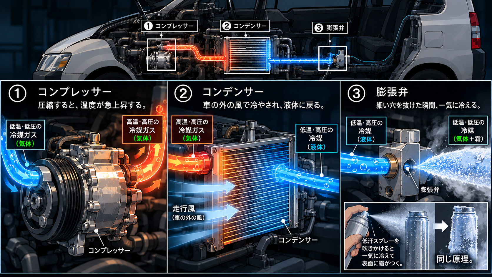 プロボックスのエンジンルーム断面図。①コンプレッサーで冷媒ガスを圧縮すると高温・高圧になる②コンデンサーで走行風(車の外の風)に当てられ冷やされて低温・高圧の液体に戻る③膨張弁という細い穴を液体が抜けた瞬間、急激に低温・低圧の気体(霜がつくほど冷たい)に変わる。気体は緑、液体は青で色分けされている。制汗スプレー缶を吹きかけると表面に霜がつく現象と同じ原理であることを対比で示した図解