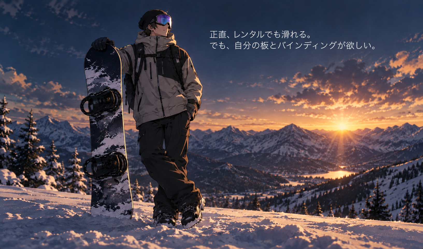 板とバインディングを持ってゲレンデに立つ人物。レンタルでも滑れるが自分の板とバインディングが欲しくなる様子を表したイラスト