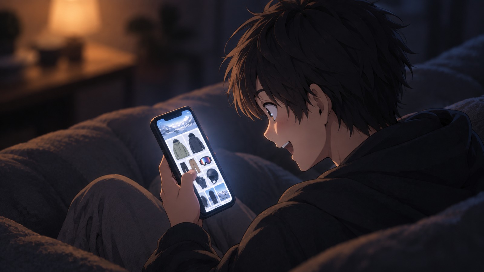 スマホでスノーボードのウェア・ゴーグルなどの購入ページを見て、テンションが上がっている男性の様子
