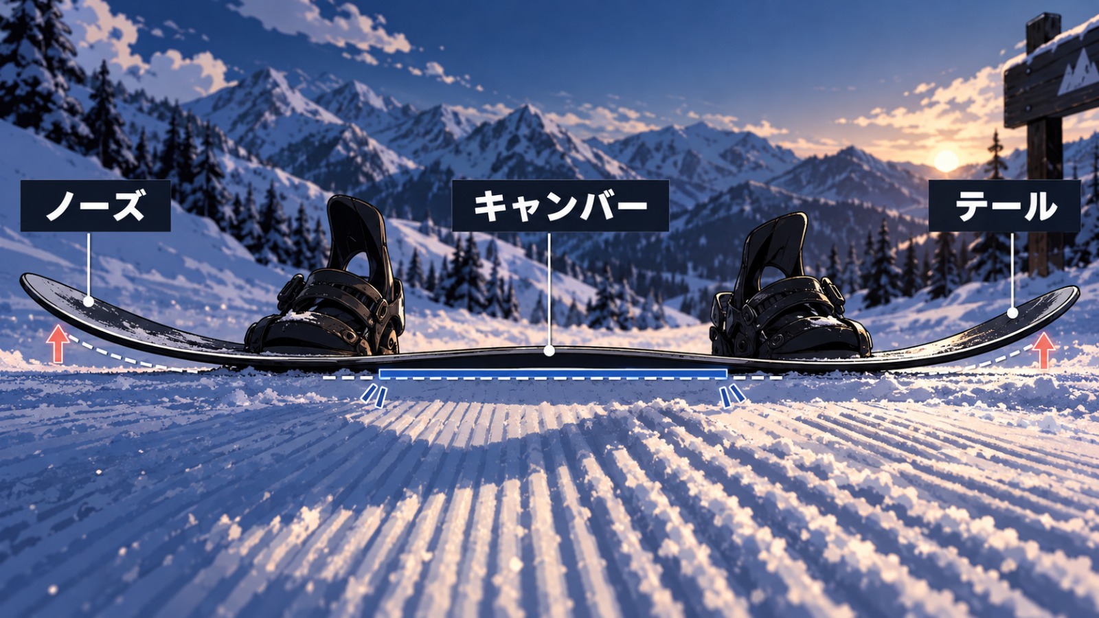 スノーボード板の側面図。中央がキャンバー形状で山型に反り、ノーズとテールがロッカー形状で反り上がっている様子を示す図解