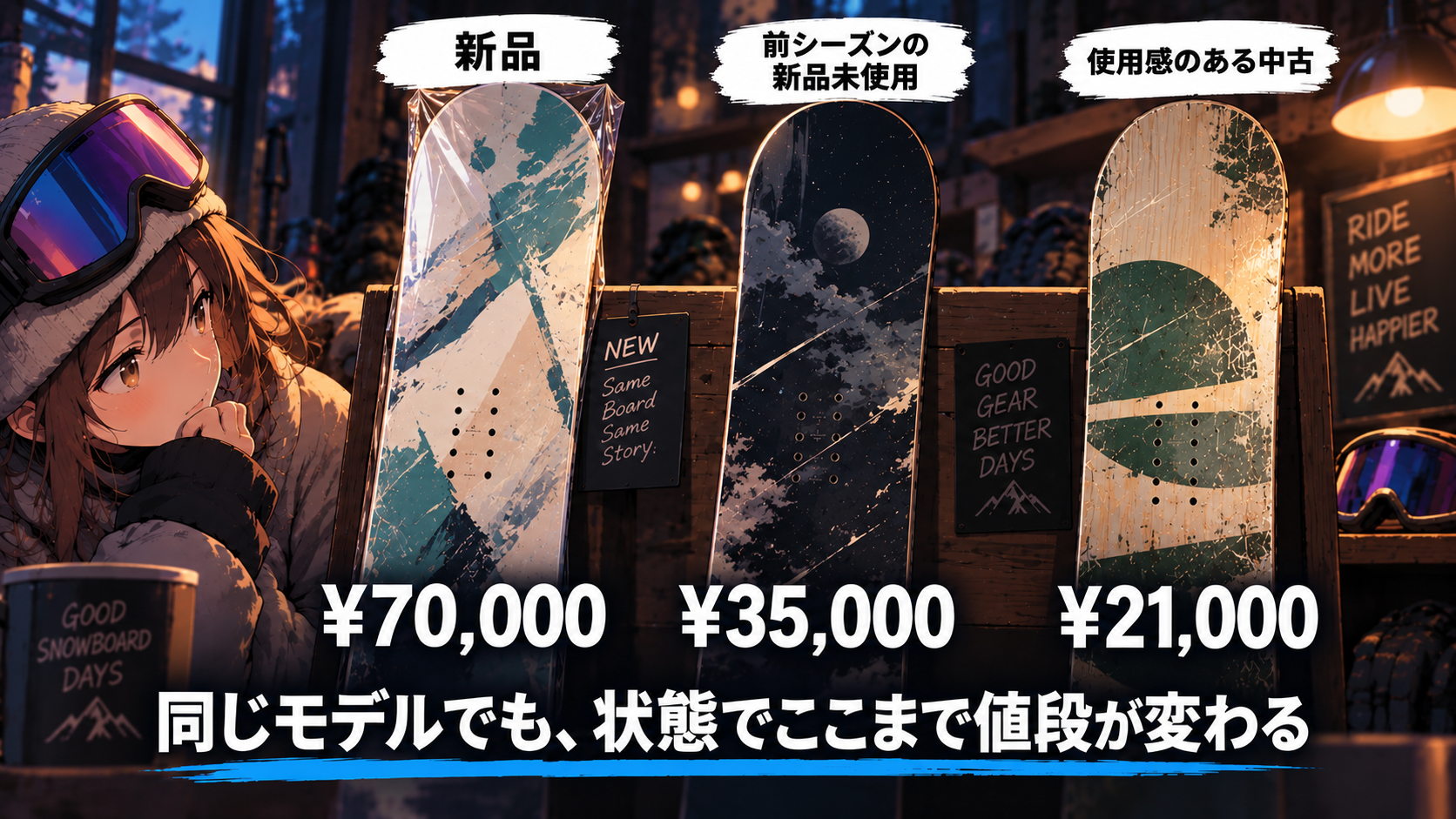 スノーボード板の新品・前シーズンの新品未使用・使用感のある中古の価格を比較したイラスト。同じモデルでも新品70,000円・前シーズン未使用35,000円・使用感のある中古21,000円と価格が異なることを示している