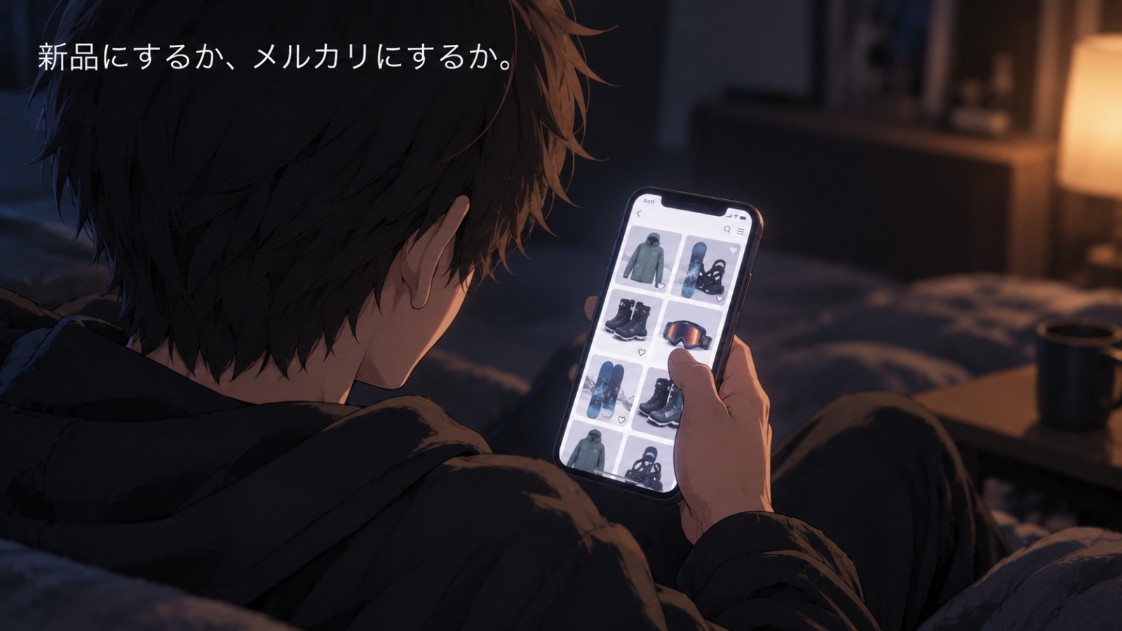 ベッドの上でスマホを見ながら新品にするかメルカリにするか迷っている場面のイラスト