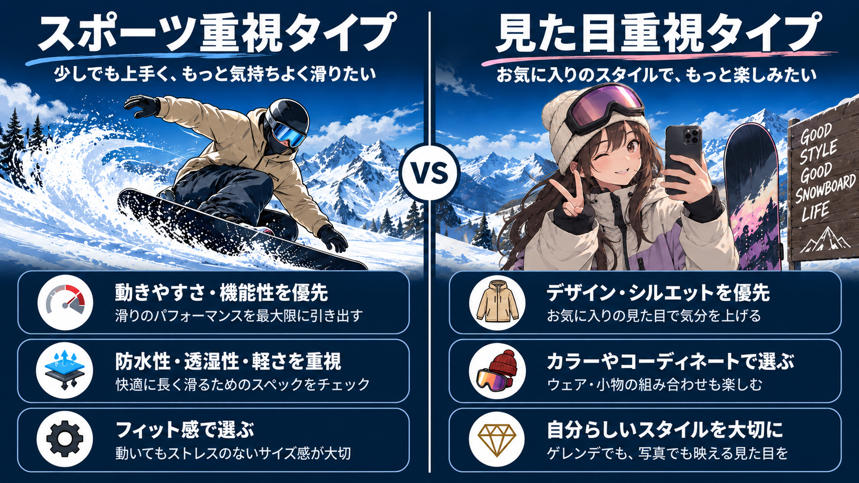 スポーツ重視タイプと見た目重視タイプを対比した図。左は板を持ち機能性を優先、右は自撮りでデザイン・コーディネートを優先する違いを示している