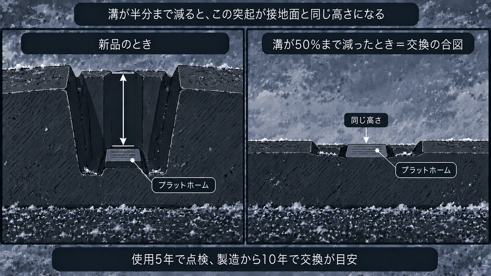 スタッドレスタイヤの溝を横から切った断面図。新品のときは溝の底の突起（プラットホーム）が接地面よりずっと低い位置にあり、溝が50%まで減ると突起の上面が接地面と同じ高さになることを左右で比較している