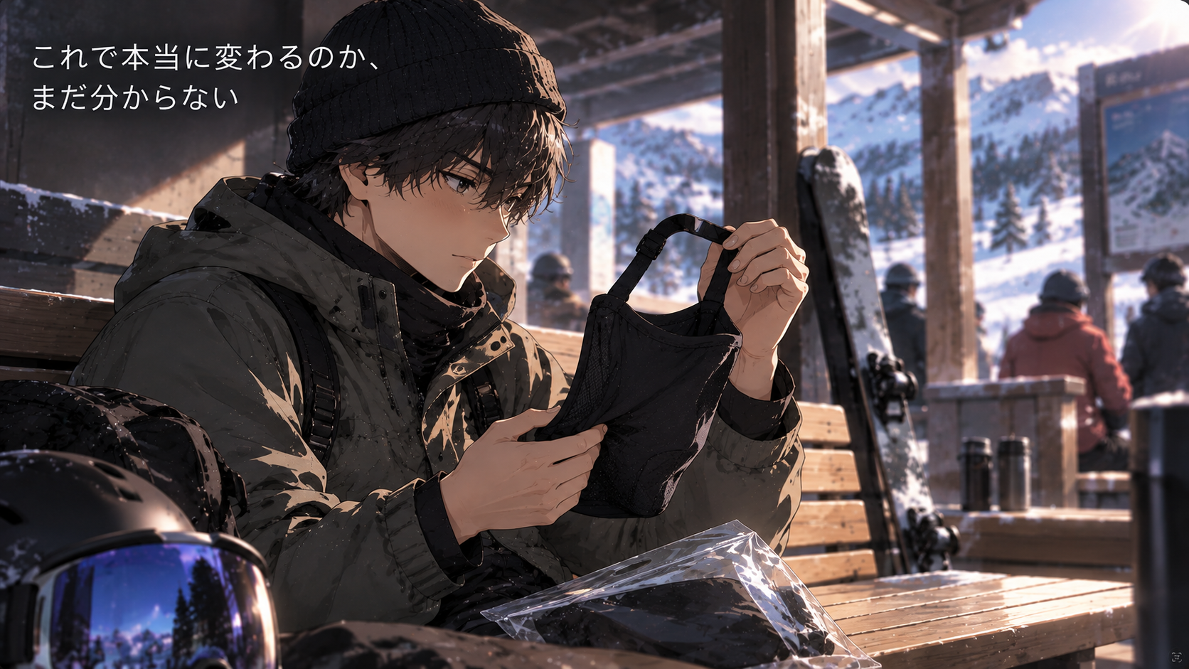 休憩スペースで、頭頂部が紐だけになっているタイプのフェイスマスクを手に持ち、着ける前に見ている男性