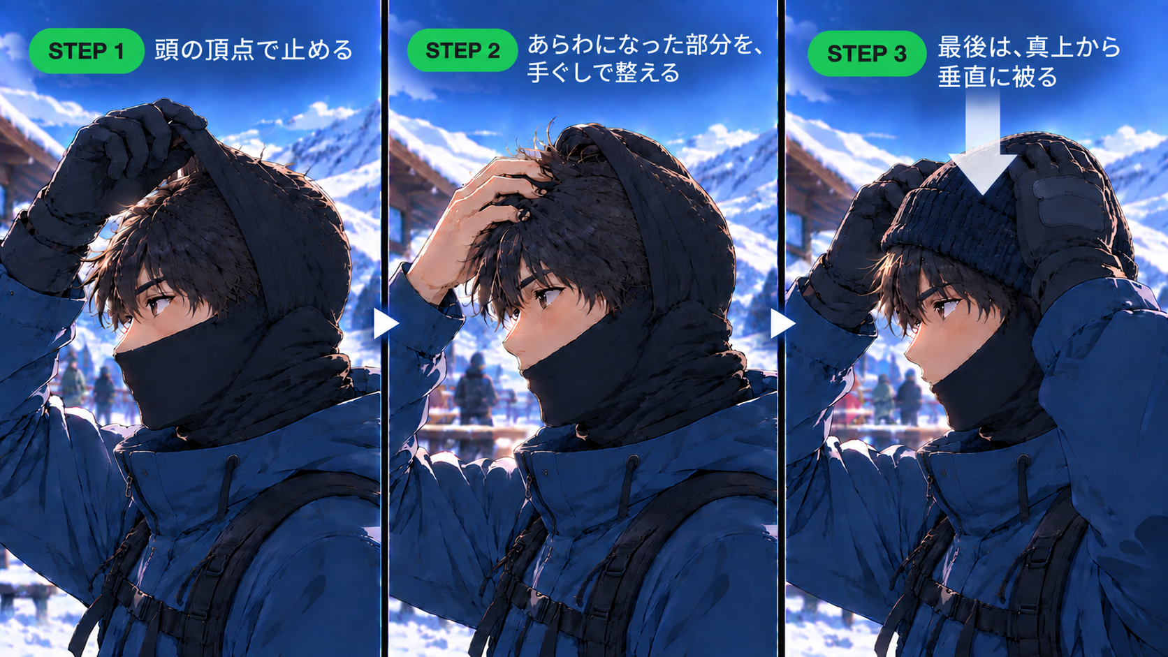 バラクラバを頭のてっぺんで止め、あらわになった前髪を手ぐしで整え、最後にニット帽を真上から垂直に被るまでの3コマの手順イラスト(STEP1〜3のラベル付き)