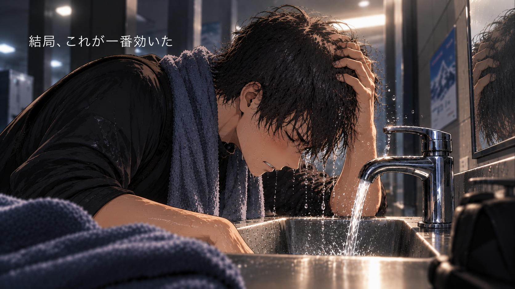スキー場施設の洗面所で、蛇口の水を使って髪の根元を濡らしている男性