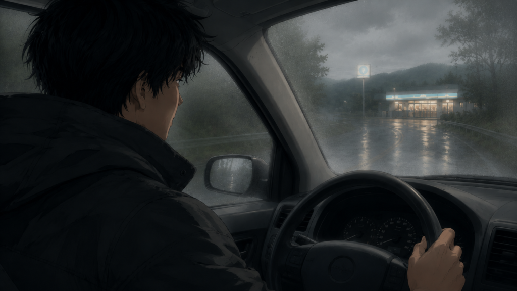 コンビニの灯りが見えてホッとする場面。雨の中、徐行しながらコンビニの駐車場に向かう車内からの視点