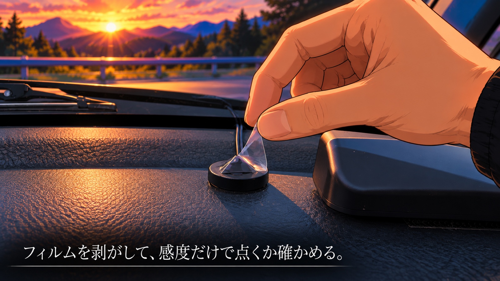 夕焼けの車内で、ダッシュボードの上にあるオートライトのセンサーに貼った透明なフィルムを、指でつまんで剥がそうとしている手元
