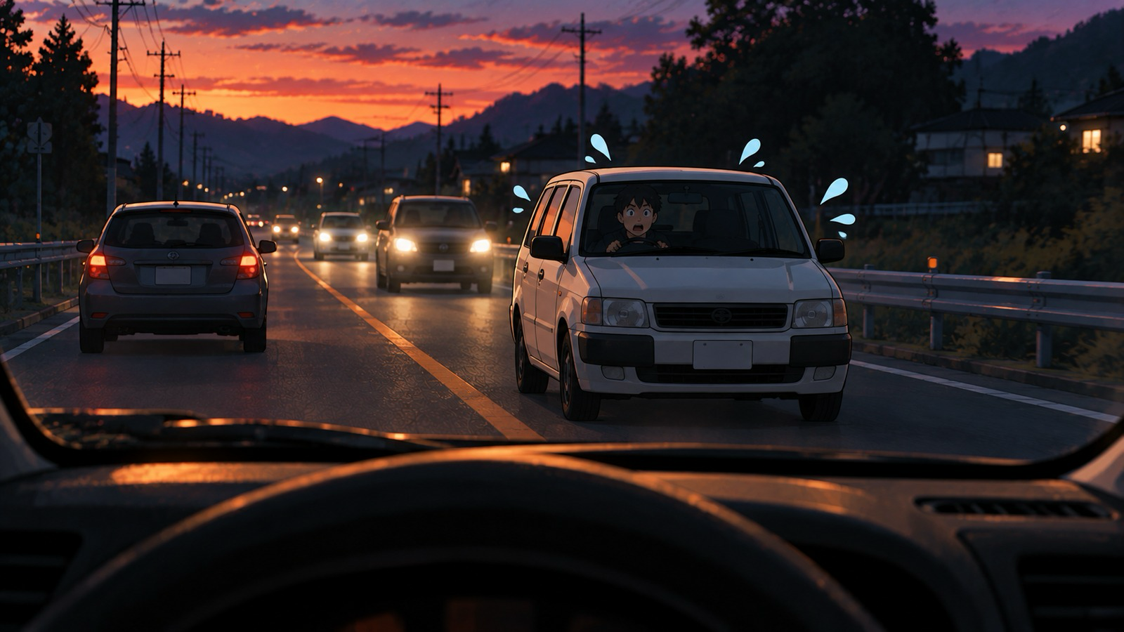夕暮れの道路を走る運転席から見た前方の景色。右側の白いバンの運転手が驚いた顔で近づいてきて、その奥にヘッドライトをつけた車とブレーキランプの赤い車が走っている