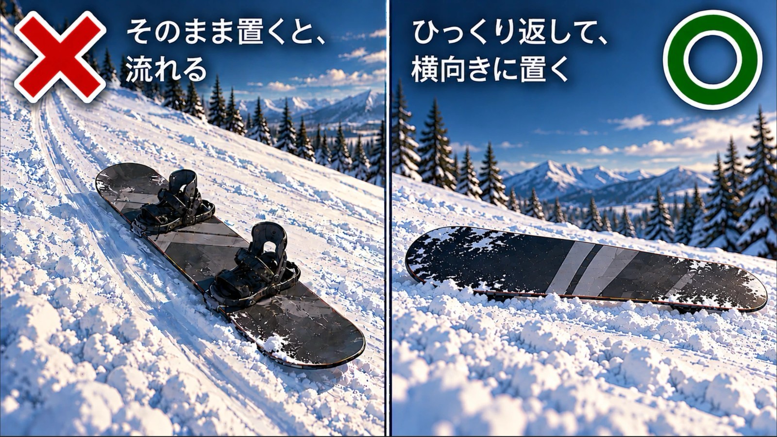 左は板をそのまま置いた図で、斜面の下へ滑った筋が付いて✕。右は板をひっくり返して斜面に対して横向きに寝かせた図で◯。