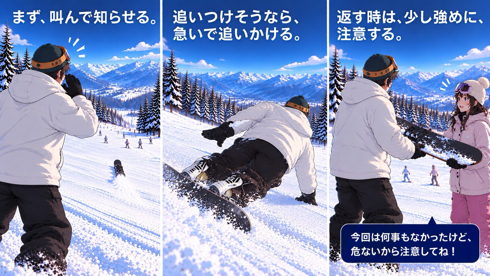 3コマ。左は、流れていく他人の板に向かって、手を口に当てて叫ぶ人（「まず、叫んで知らせる。」）。中は、板を履いて斜面を滑り、流れた板を追いかける人（「追いつけそうなら、急いで追いかける。」）。右は、回収した板を持ち主に返し、「今回は何事もなかったけど、危ないから注意してね！」と声をかける人（「返す時は、少し強めに、注意する。」）。