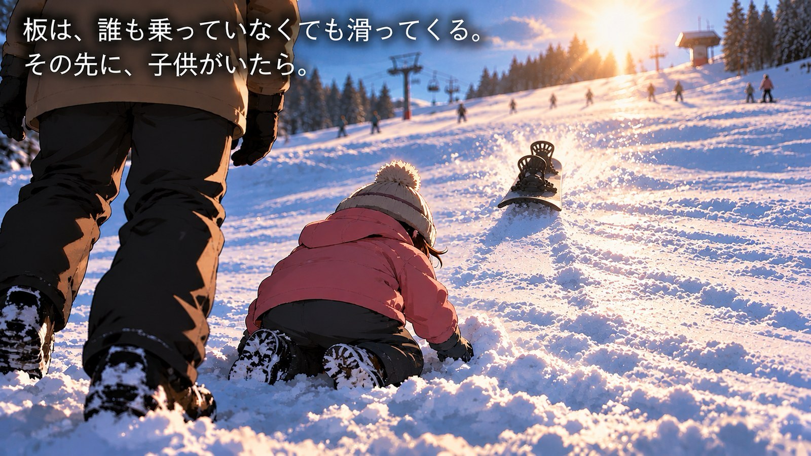 雪にしゃがんで遊ぶ子供とそばに立つ大人のほうへ、斜面の上から人が乗っていないスノーボードが滑り降りてくる場面