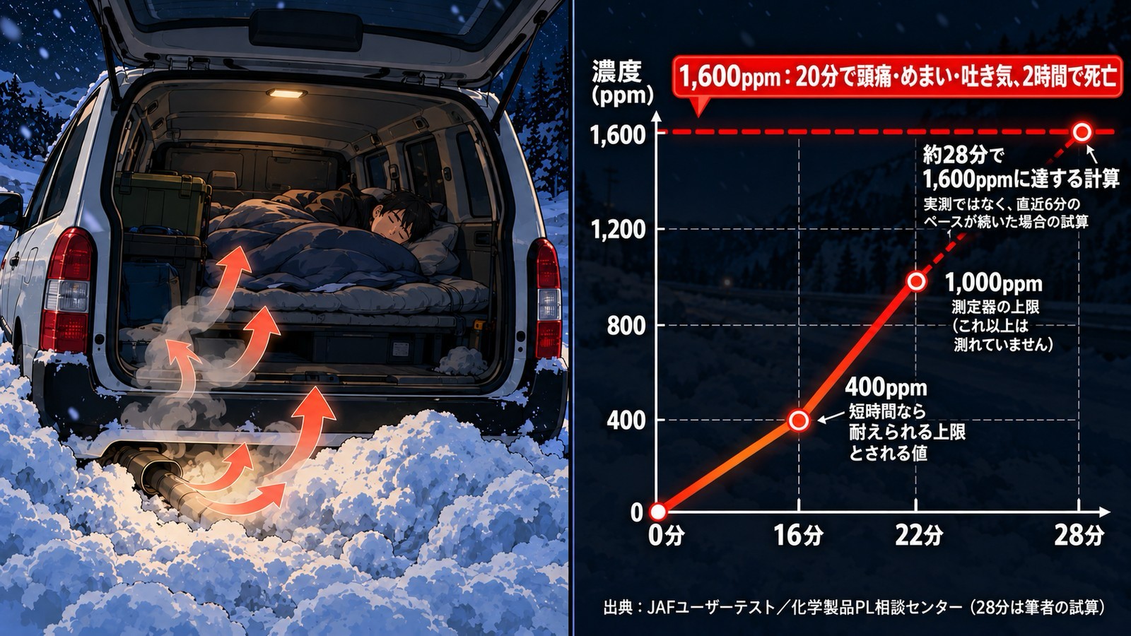 雪で車が埋まった時の一酸化炭素濃度の折れ線グラフ。0分で0ppm、16分で400ppm、22分で測定器の上限の1,000ppm。その先の点線は約28分で、20分で頭痛・めまい・吐き気、2時間で死亡とされる1,600ppmに達する筆者の試算。左は後部座席を倒して布団を敷いた荷室で寝ている人にマフラーの排ガスが入る様子
