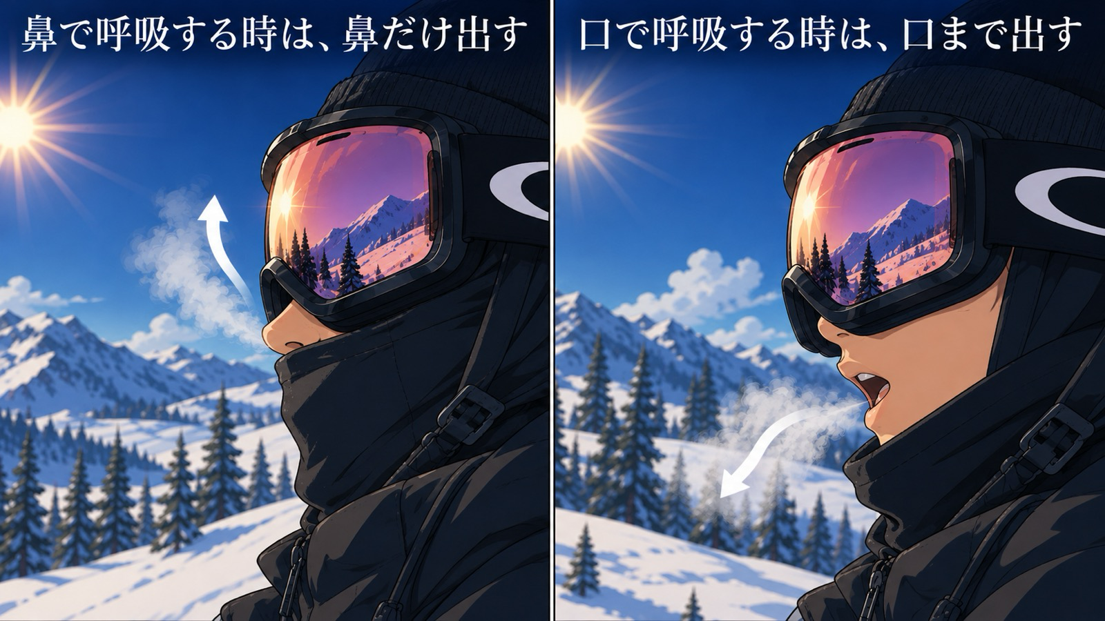 バラクラバをしている時の呼吸の仕方。鼻で呼吸する時は鼻だけ出して息を上へ逃がし、口で呼吸する時は口まで出して息をゴーグルから離す
