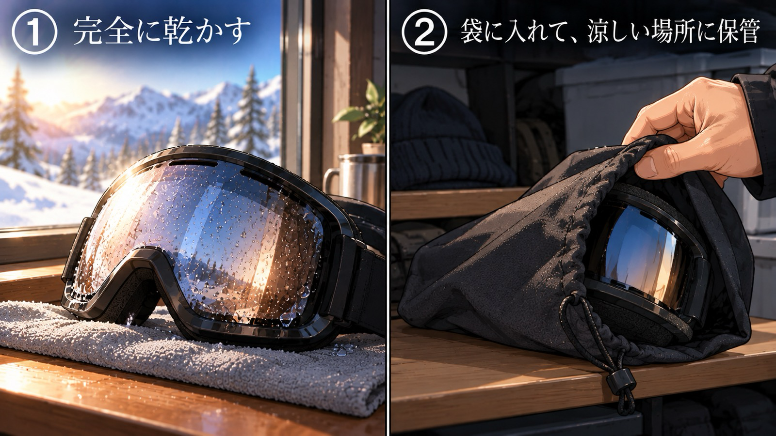 使い終わったゴーグルの手入れ。①タオルの上で完全に乾かす ②袋に入れて涼しい場所に保管する