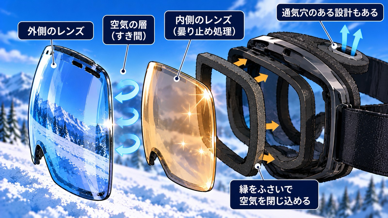 ダブルレンズのゴーグルの分解図。左から、外側のレンズ、その間の空気の層（すき間）、内側のレンズ（曇り止め処理）、縁をふさぐ黒いフォームのパッキン。フレーム上部に通気穴がある設計もある。