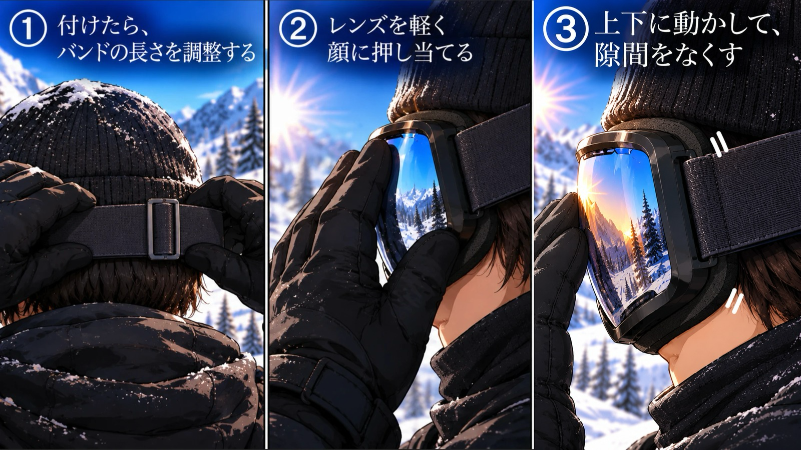 ゴーグルの付け方の3コマ。①付けたらバンドの長さを調整する ②レンズを軽く顔に押し当てる ③上下に動かして隙間をなくす