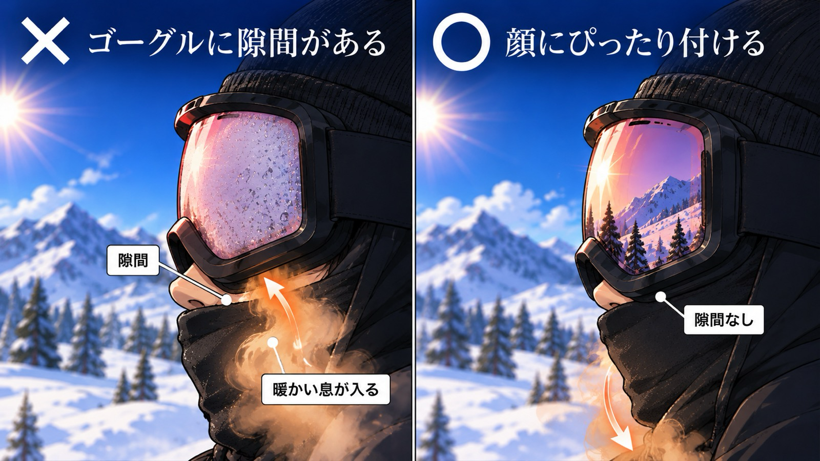 ゴーグルの隙間と息の関係。左は隙間から暖かい息が入ってレンズの内側が曇る（✕）、右は顔にぴったり付けて隙間がなく曇らない（◯）