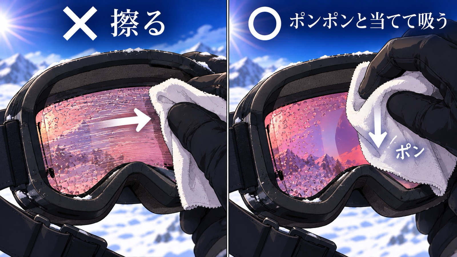 濡れたゴーグルの内側のレンズの拭き方。左は布で擦る（✕）、右は布を上から軽くポンポンと当てて水滴を吸う（◯）