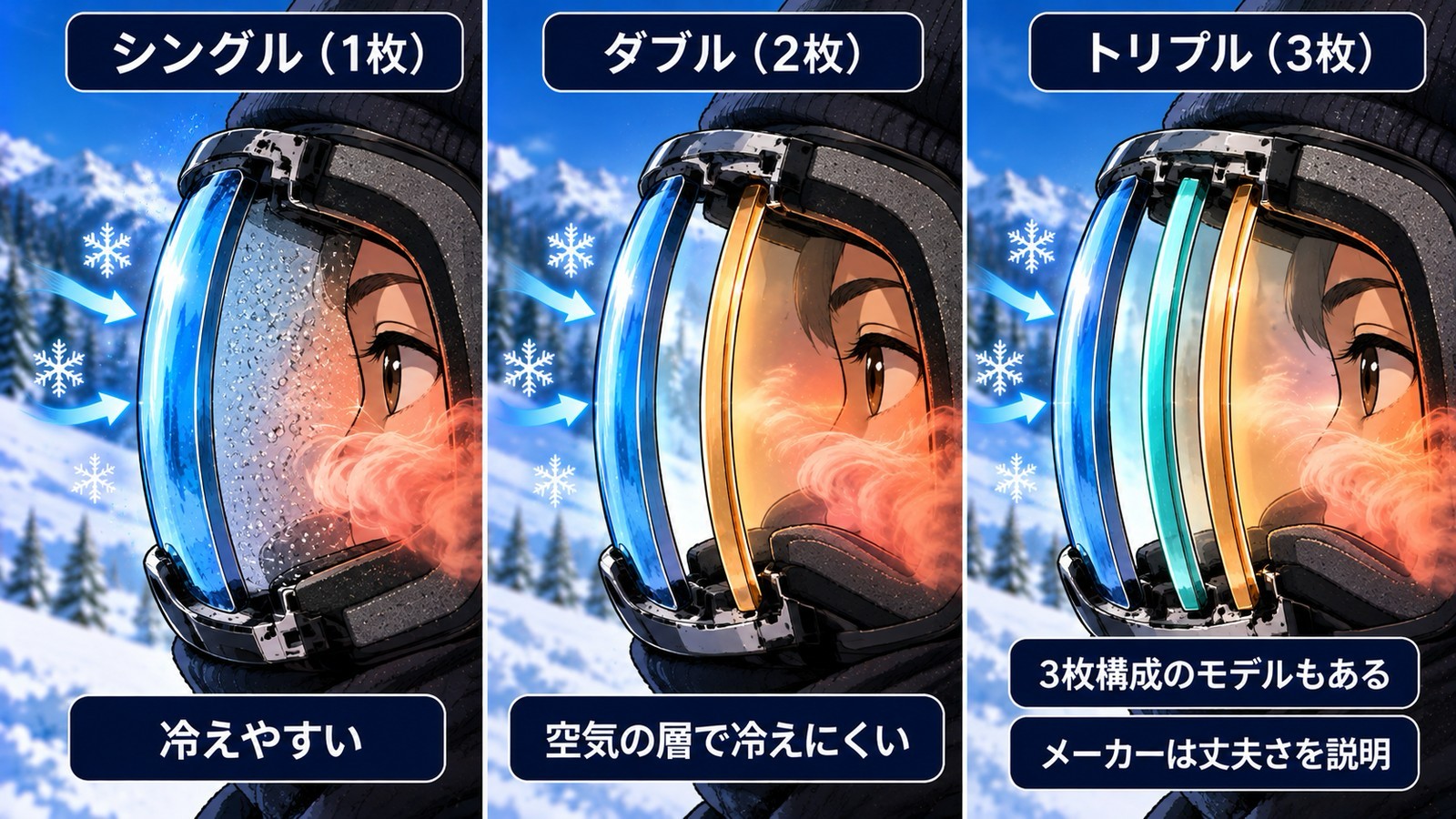 左はシングル（レンズ1枚）で冷えやすく、内側に水滴がつく。中はダブル（レンズ2枚）で、空気の層で冷えにくい。右はトリプル（レンズ3枚）で、3枚構成のモデルもあり、メーカーは丈夫さを説明している。