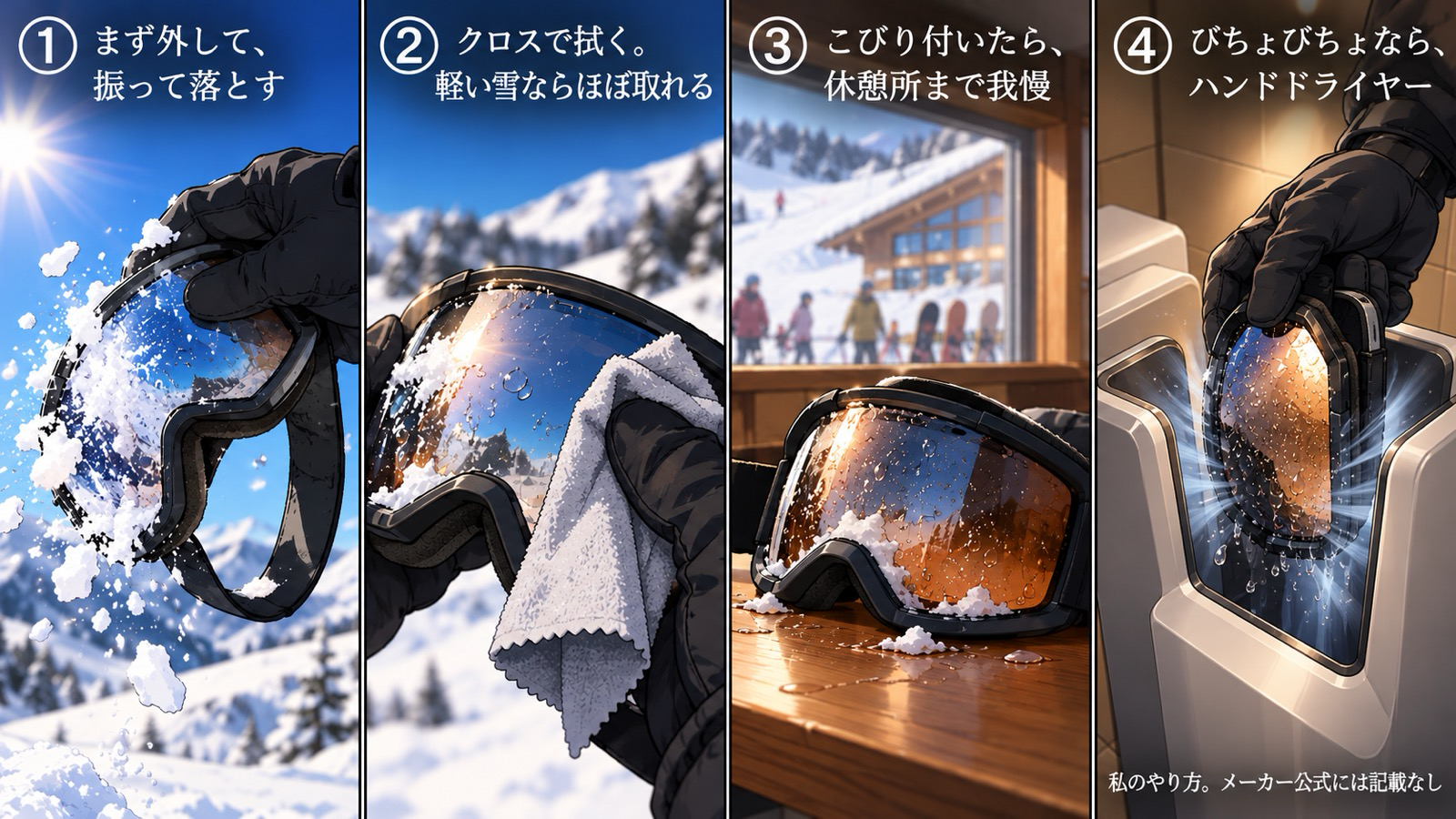 ゴーグルに付いた雪の落とし方。①外して振る ②クロスで拭く ③こびり付いたら休憩所まで我慢 ④びちょびちょなら、上から手を入れるタイプのハンドドライヤーで乾かす