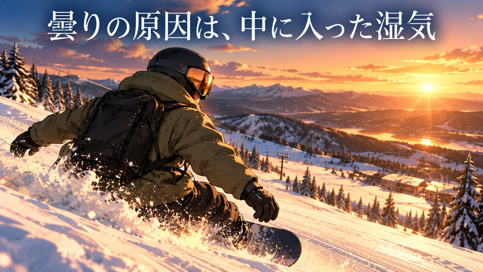 夕日のゲレンデを滑るスノーボーダー。ゴーグルは曇っておらず、曇りの原因は中に入った湿気という言葉