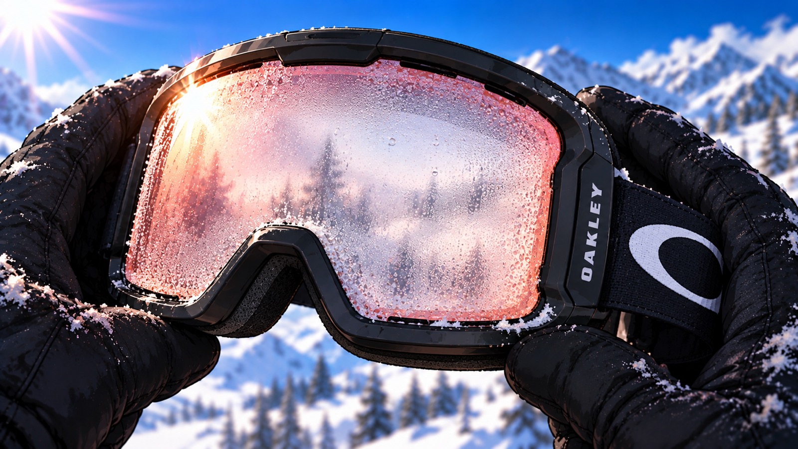 OAKLEY LINE MINER Lのレンズが曇っているところ。内側に細かい水滴がびっしり付いて白く霞み、黒いフレームと白いOのマークが見える