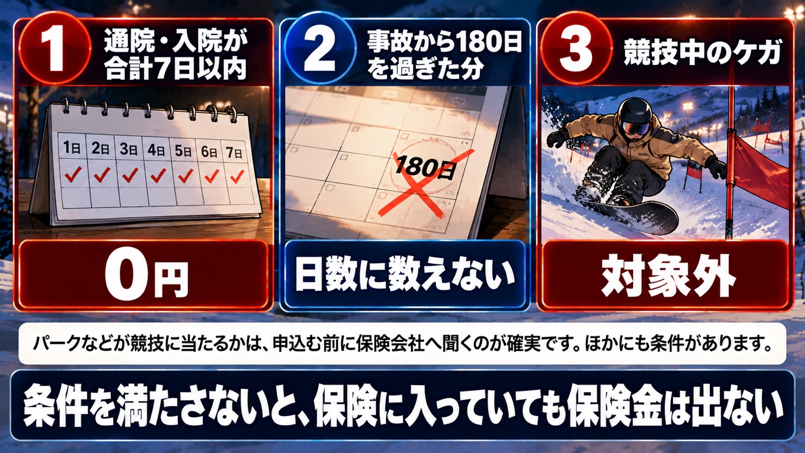 保険金が出ない主な条件3つの図。1つ目は通院・入院が合計7日以内で0円。2つ目は事故から180日を過ぎた分で日数に数えない。3つ目は競技中のケガで対象外。パークなどが競技に当たるかは申込む前に保険会社へ聞くのが確実で、ほかにも条件がある。まとめは、条件を満たさないと保険に入っていても保険金は出ない。