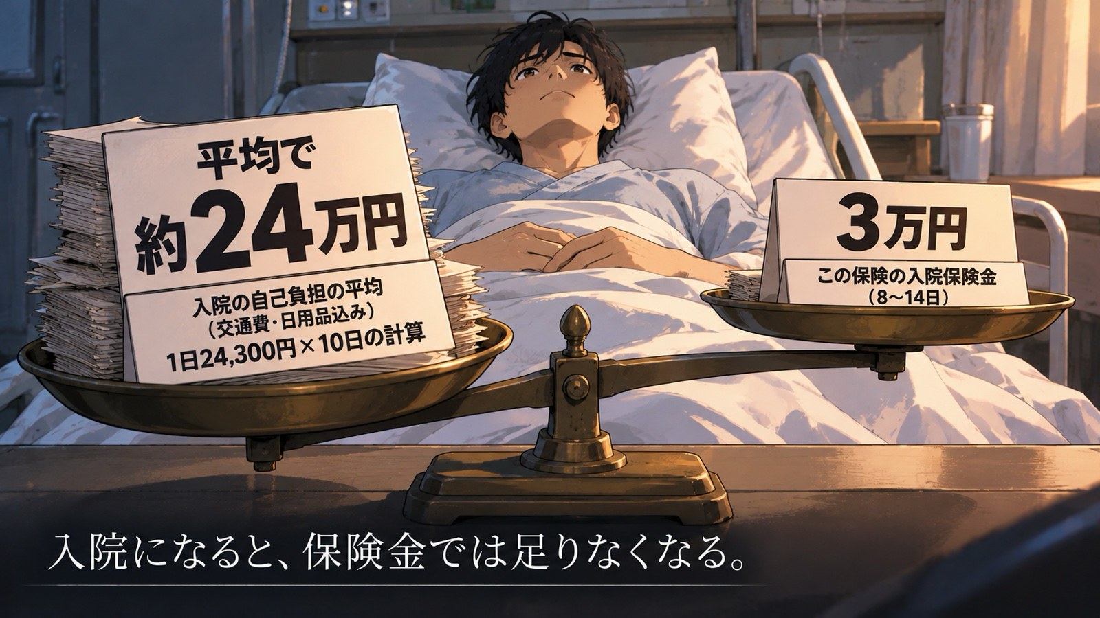 入院の自己負担の平均約24万円と、この保険の入院保険金3万円を天秤にかけ、病室のベッドで男性が横たわるイラスト