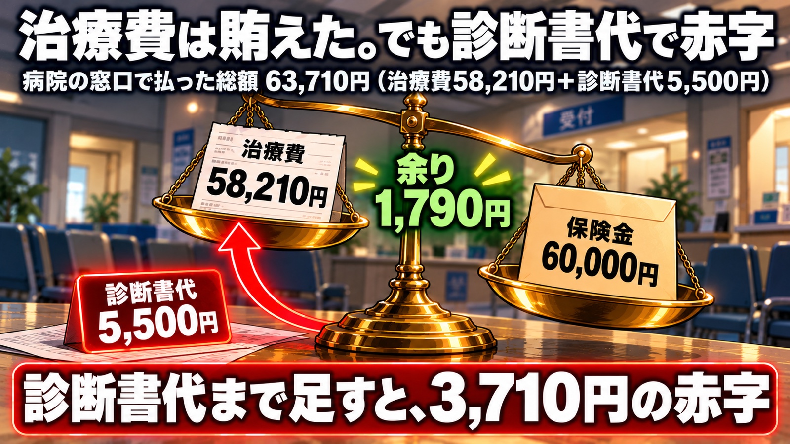 治療費と保険金を並べた天秤の図。病院の窓口で払った総額は63,710円（治療費58,210円＋診断書代5,500円）。治療費58,210円に対して保険金は60,000円で、余りは1,790円。診断書代まで足すと3,710円の赤字。