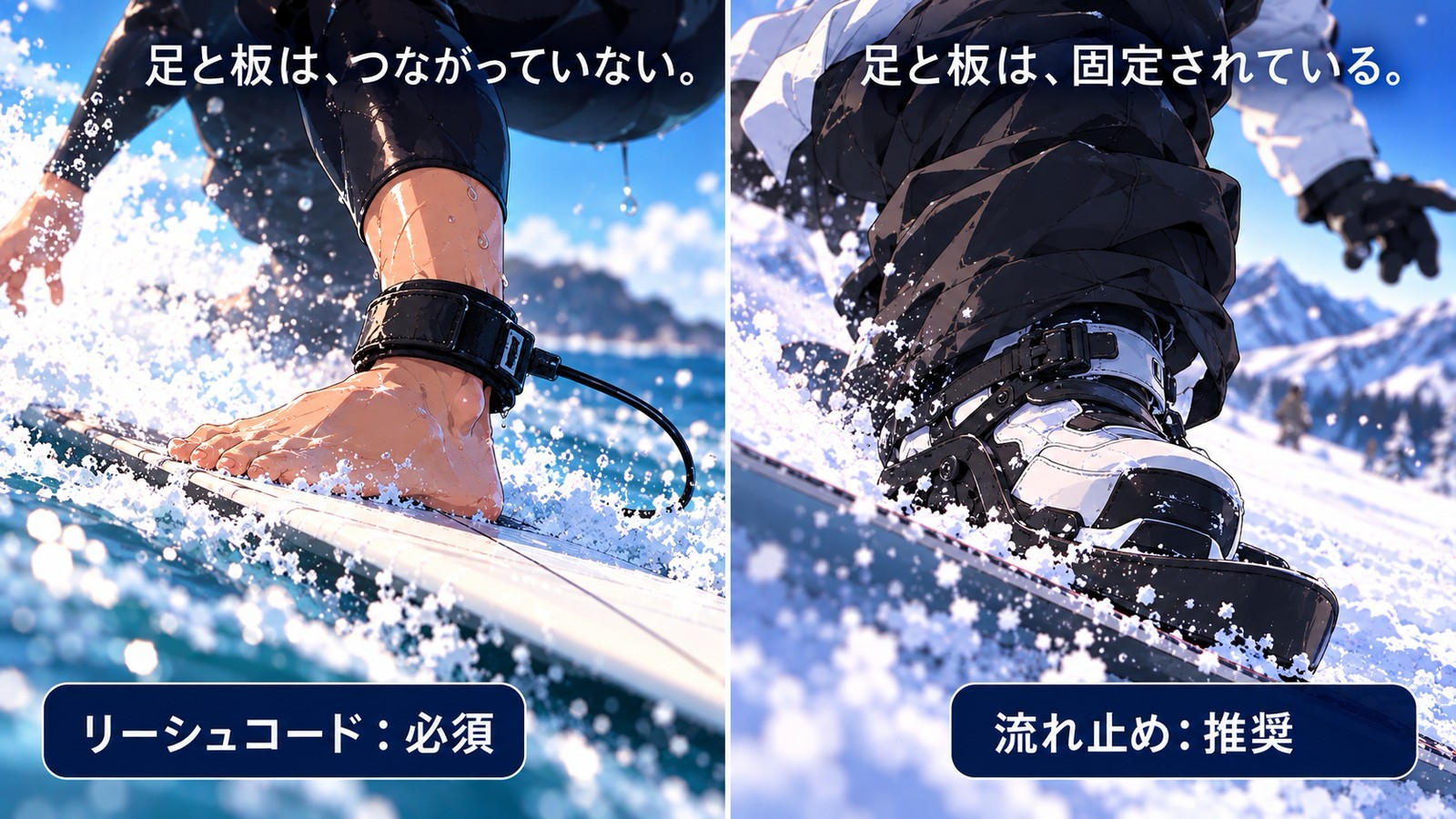 左はサーフィン。足首のリーシュコードで足とサーフボードがつながっている（「リーシュコード：必須」）。右はスノーボード。バインディングで足と板が固定され、ふくらはぎにも流れ止めのコードを巻いている（「流れ止め：推奨」）。