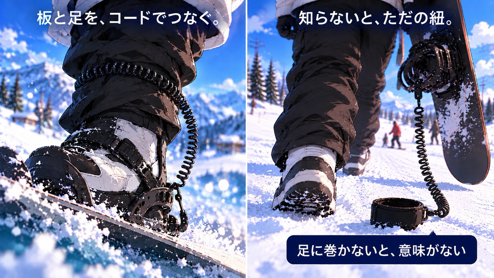 左は、板のバインディングから伸びるコイル状のコードを、足のふくらはぎに巻いた正しい状態（「板と足を、コードでつなぐ。」）。右は、脇に抱えた板のバインディングについたコードの反対側が、足に巻かれず、雪の上に引きずられている状態（「知らないと、ただの紐。」「足に巻かないと、意味がない」）。
