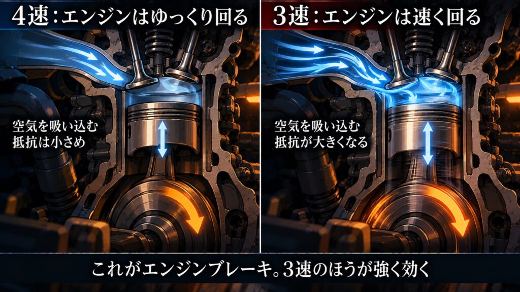 4速はエンジンがゆっくり回り、空気を吸い込む抵抗は小さめ。3速はエンジンが速く回り、空気を吸い込む抵抗が大きくなる。3速のほうがエンジンブレーキが強く効く。