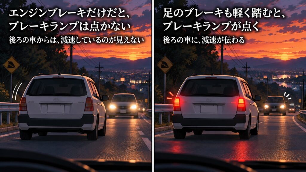 左は、エンジンブレーキだけで減速している車を後ろから見た図。テールランプ（ブレーキランプ）が点かず、後ろの車から減速が見えない。右は、足のブレーキも軽く踏んでブレーキランプが赤く点灯し、後ろの車に減速が伝わる様子。