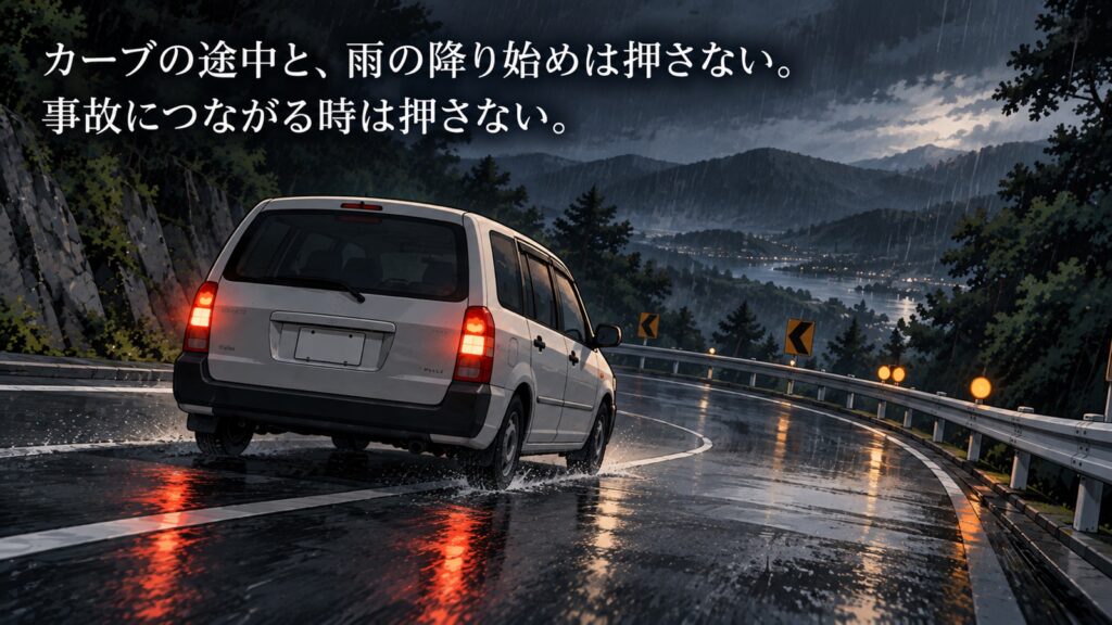 雨が降り始めた下りのカーブを、白い商用ワゴンが慎重に曲がっていくイラスト。「カーブの途中と、雨の降り始めは押さない。事故につながる時は押さない。」と書かれている。