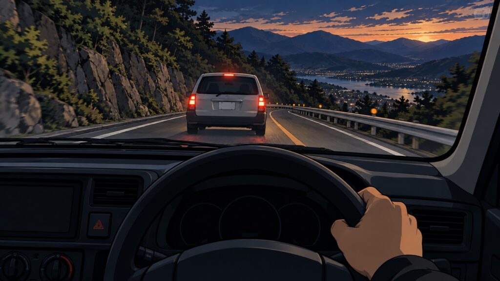 夕暮れの下り坂で、前の車の赤いブレーキランプが点いている運転席からの視点のイラスト。
