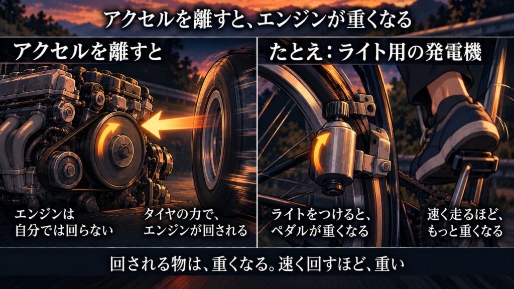左は、アクセルを離すと、タイヤの力でエンジンが回される様子。右は、自転車のタイヤに当てたライト用の発電機（ダイナモ）で、ライトをつけるとペダルが重くなる様子。