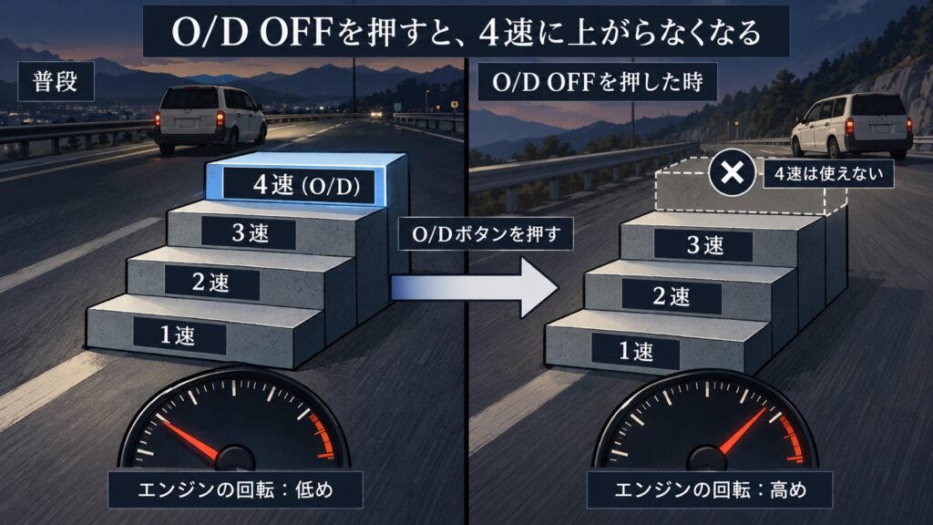 O/D OFFを押すとギアがどう変わるかの比較図。普段は1速から4速（O/D）まで使えてエンジンの回転は低め。O/D OFFを押すと4速は使えず、1速から3速までになり、エンジンの回転は高めになる