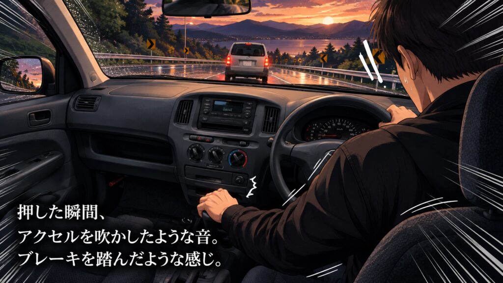 運転席でシフトレバーに手をかけて押した瞬間のイラスト。前を走る車が遅く、雨に濡れた下り坂の道が続く。「押した瞬間、アクセルを吹かしたような音。ブレーキを踏んだような感じ。」と書かれている。