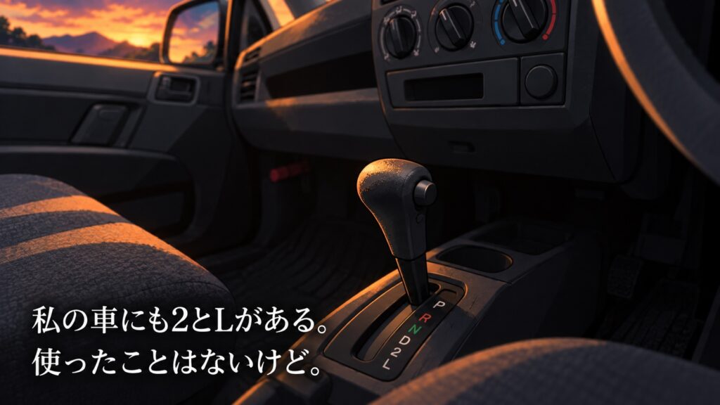 シフトレバーのクローズアップのイラスト。レバーの根元の表示板に、P・R・N・D・2・Lの6つの文字が並んでいる。「私の車にも2とLがある。使ったことはないけど。」と書かれている。