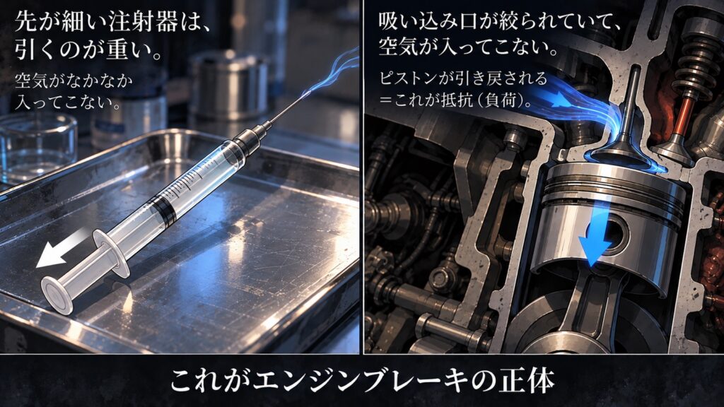 左は、先が細い注射器を引くと、空気がなかなか入ってこなくて引くのが重い様子（押し棒を引く向きの矢印つき）。右は、エンジンの吸い込み口が絞られていて空気が入ってこず、ピストンが引き戻される様子。これが抵抗（負荷）で、エンジンブレーキの正体。